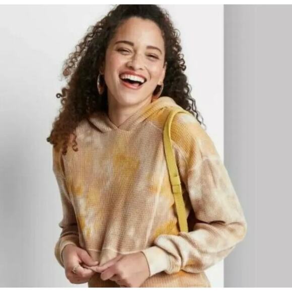Wild Fable  Yellow and Tan Cropped Waffle Knit Thermal Hoodie - S - Picture 1 of 5